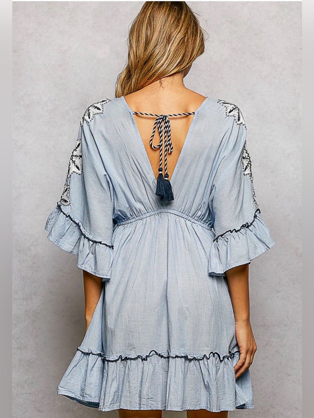 POL Boho Embroidered Star Mini Dress with Tassel Tie – Light Denim Blue Large - Picture 4 of 7
